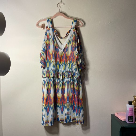 🔥 Bisou Bisou | White/Blue/Orange Abstract Chiffon Cold Shoulder Dress 16 - Picture 3 of 5